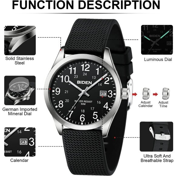 ⚡Silver Black Mens Watches Analog Quartz Sports Unisex Fashion Casual Designer - Picture 6 of 9